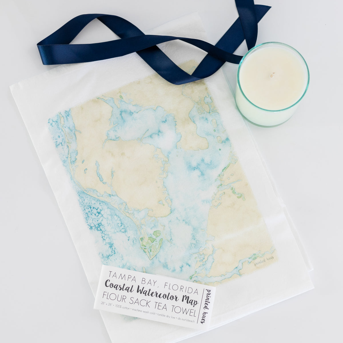Watercolor Coastal Tea Towel &amp; Seaglass Candle