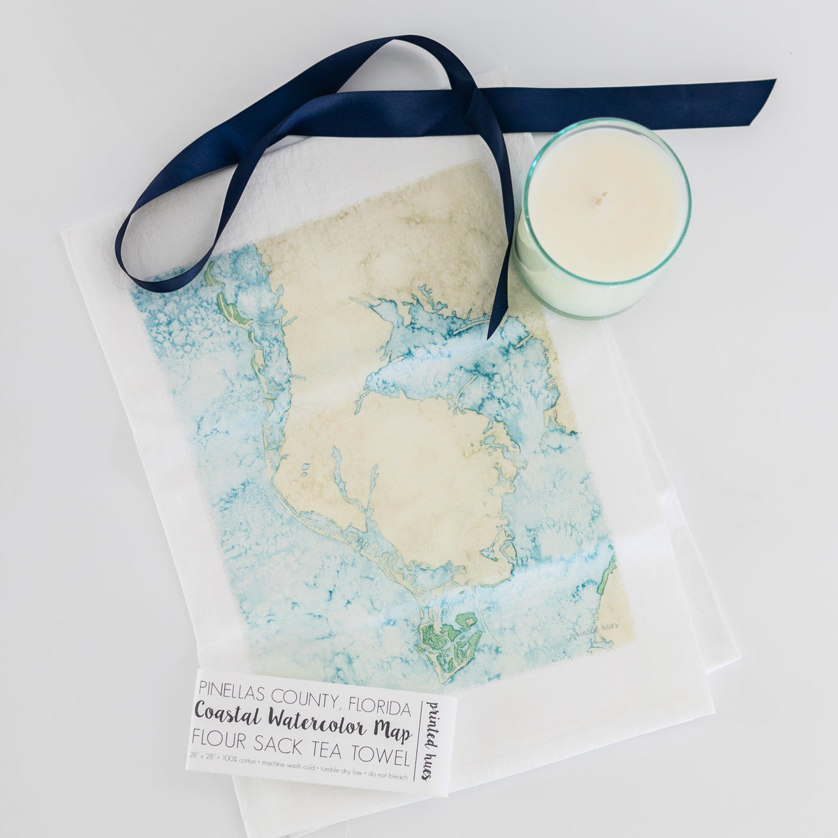 Watercolor Coastal Tea Towel &amp; Seaglass Candle