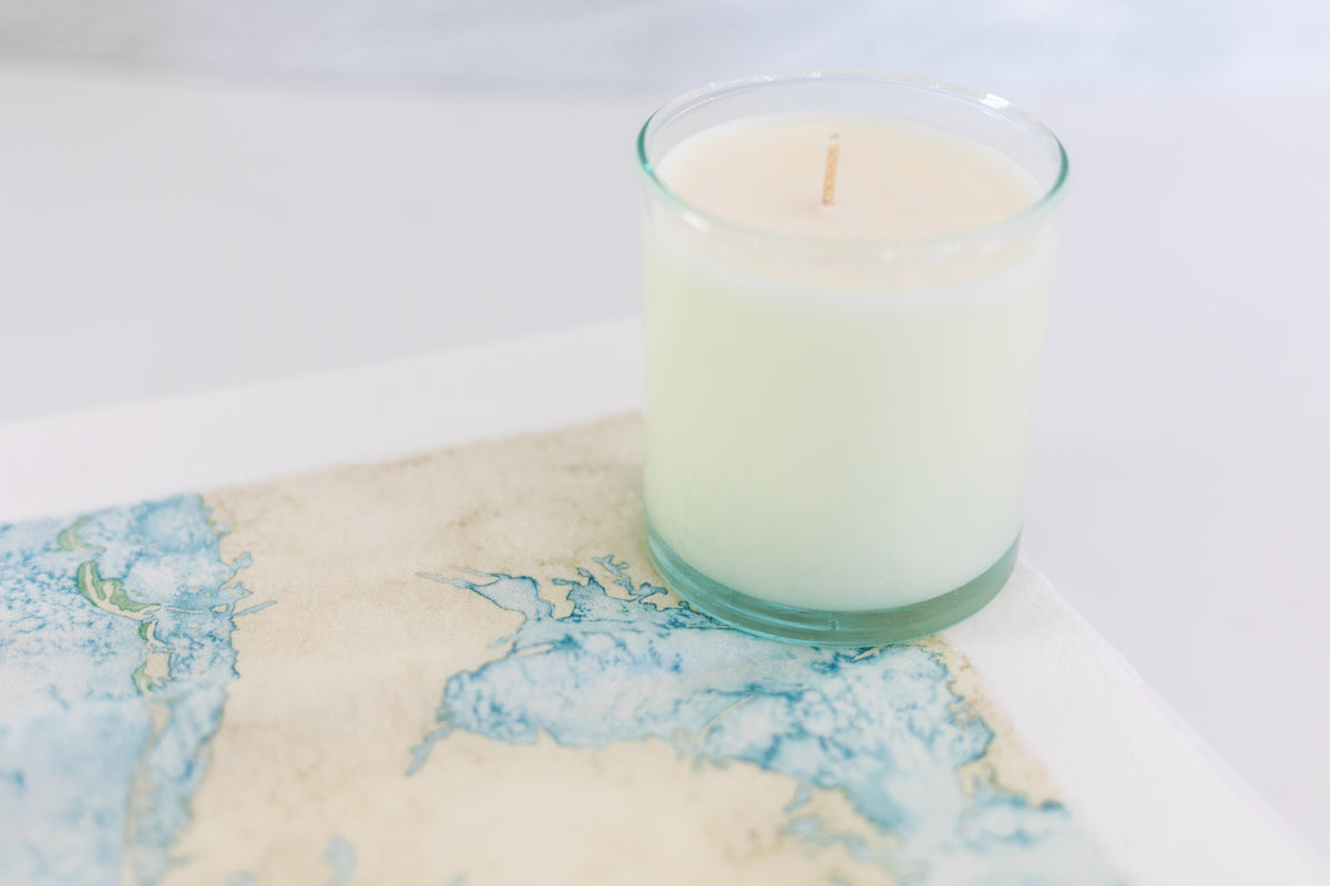 Watercolor Coastal Tea Towel &amp; Seaglass Candle