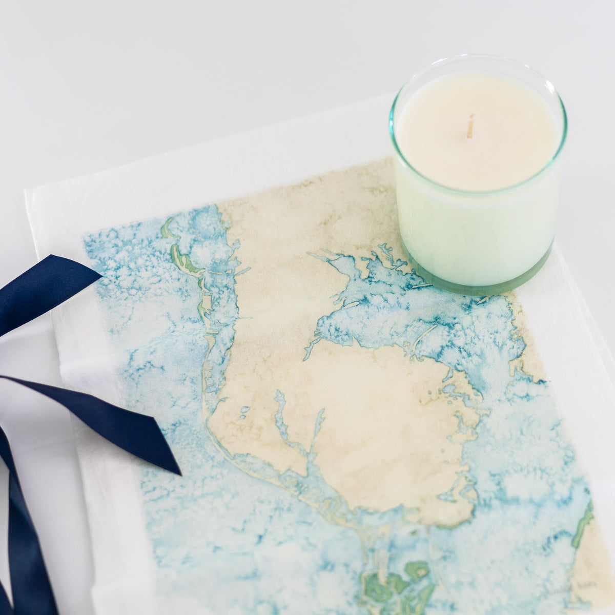 Watercolor Coastal Tea Towel &amp; Seaglass Candle
