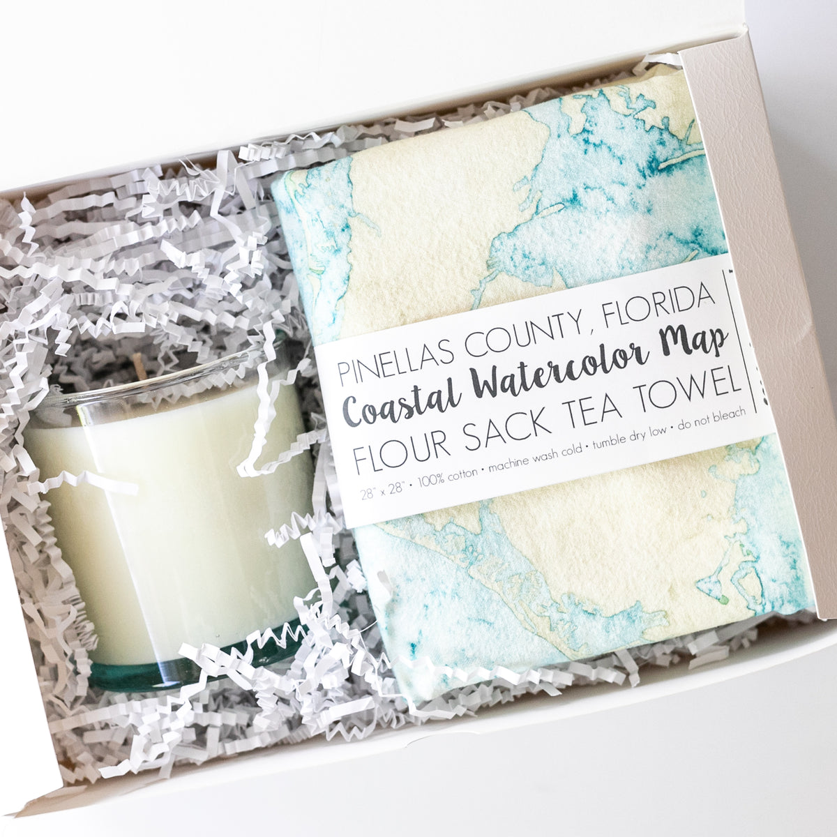 Watercolor Coastal Tea Towel &amp; Seaglass Candle