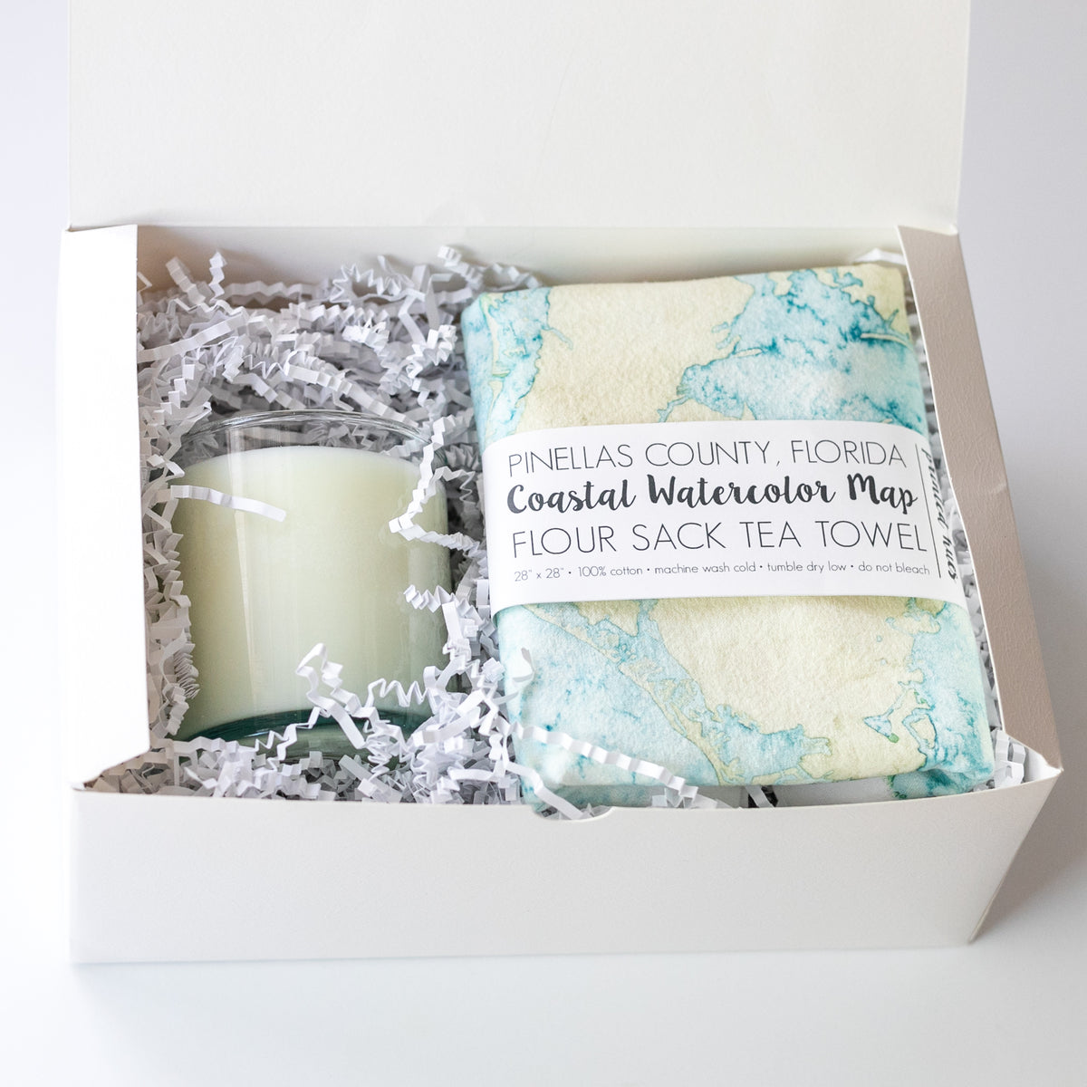 Watercolor Coastal Tea Towel &amp; Seaglass Candle