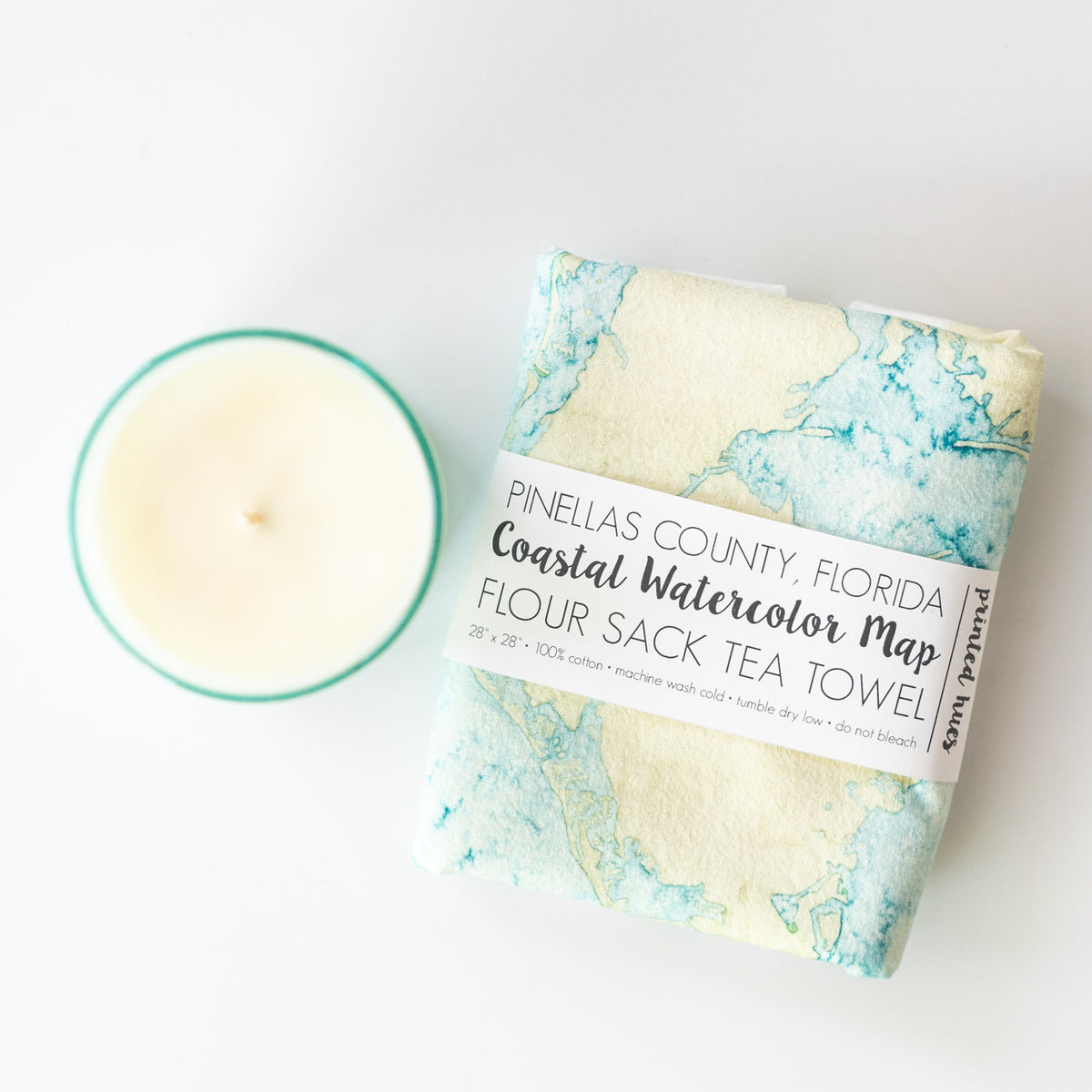 Watercolor Coastal Tea Towel &amp; Seaglass Candle