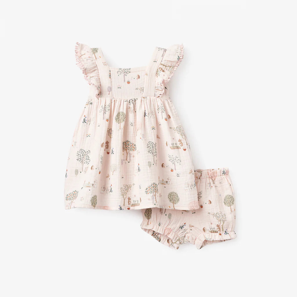 Garden Picnic Lace Edge Organic Muslin Dress with Bloomer