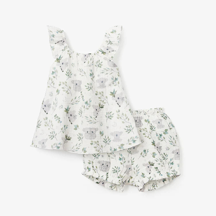 Koala Print Organic Muslin Flutter Sleeve Dress and Bloomer Set