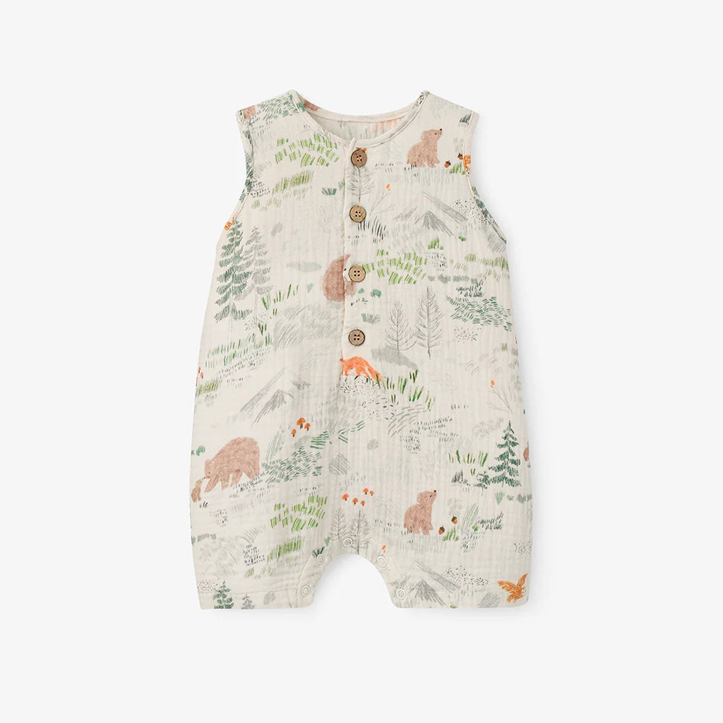 Bear Print Organic Muslin Button Down Shortall