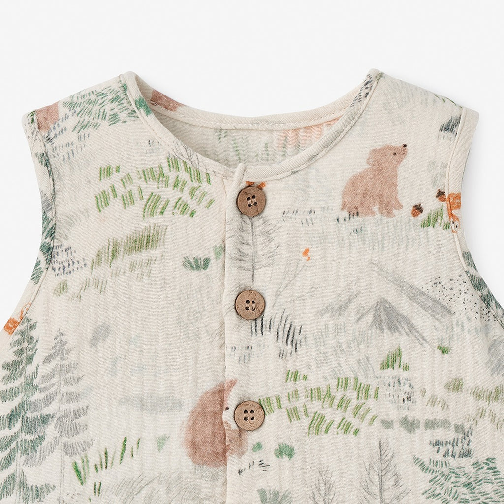 Bear Print Organic Muslin Button Down Shortall