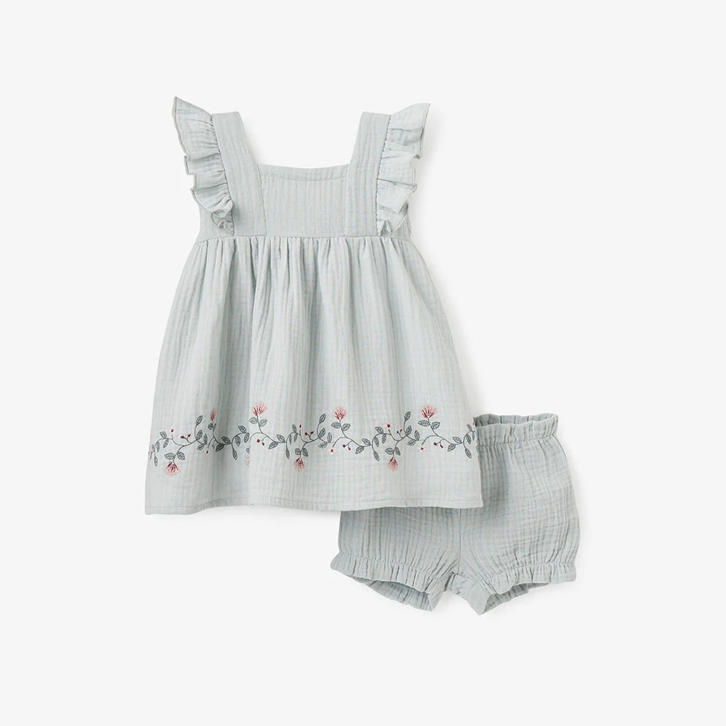 Aqua Embroidered Organic Muslin Dress with Bloomer