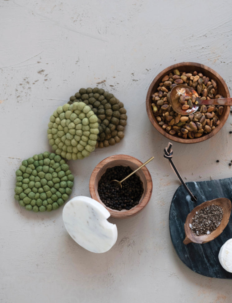 Marble &amp; Wood Bowl with Lid &amp; Brass Spoon