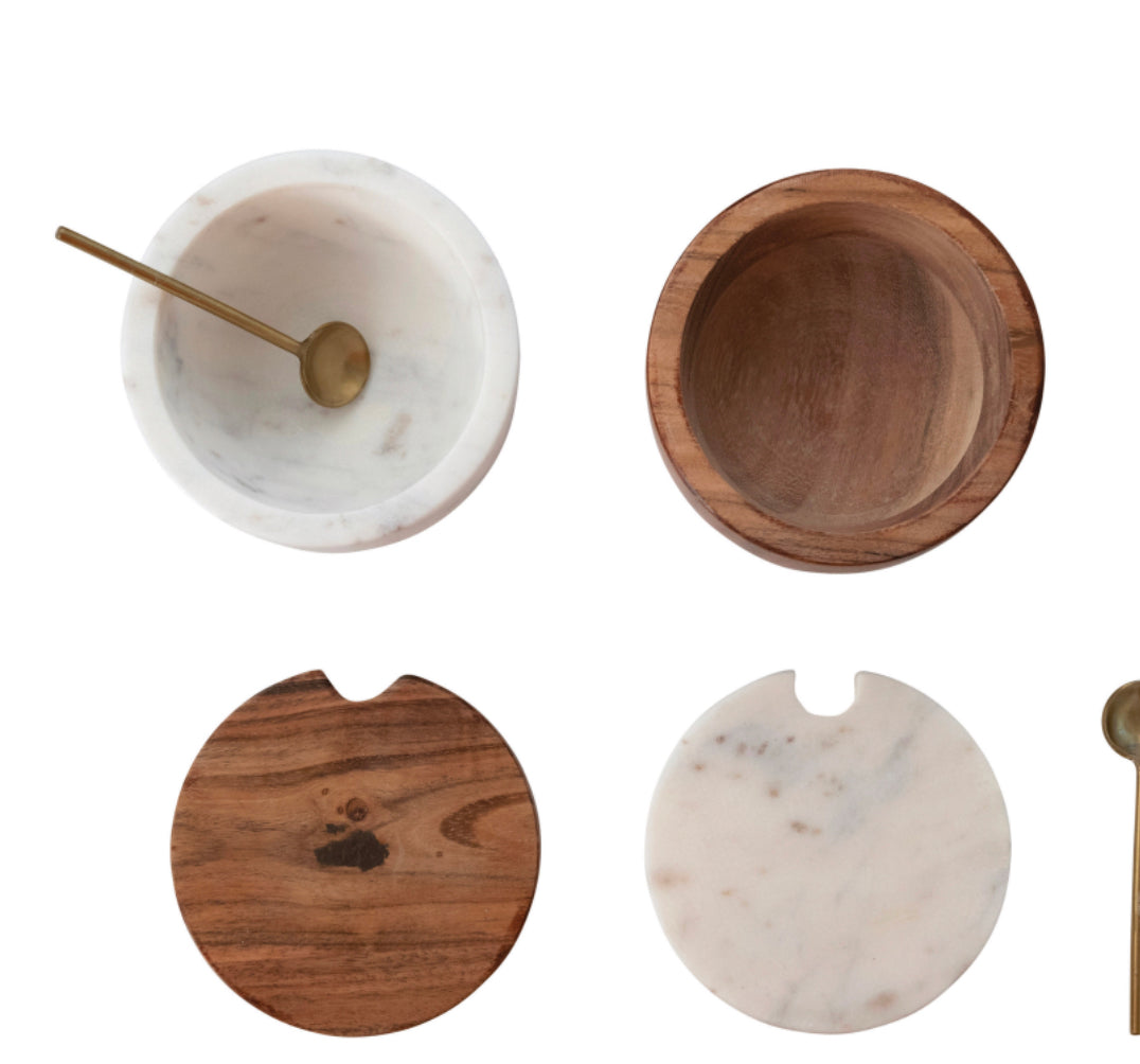 Marble &amp; Wood Bowl with Lid &amp; Brass Spoon