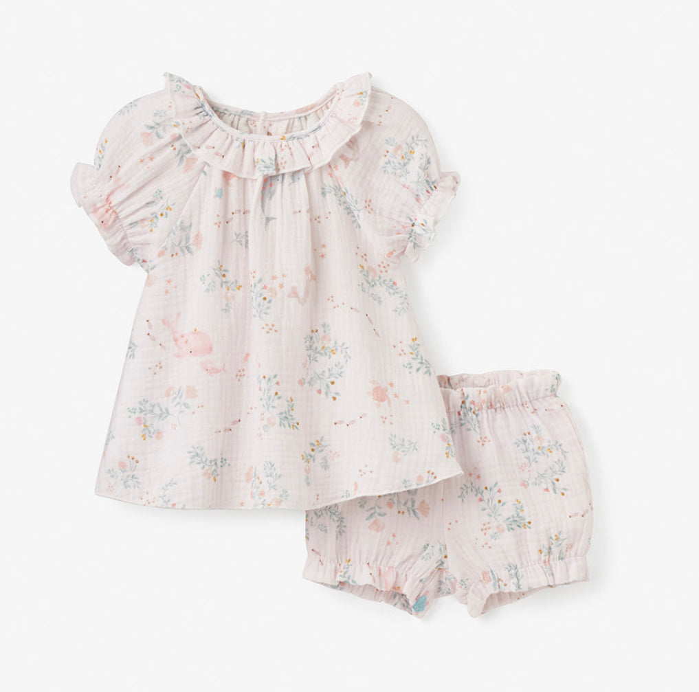 Sea Magic Organic Muslin Ruffle Collar Top + Bloomer Set