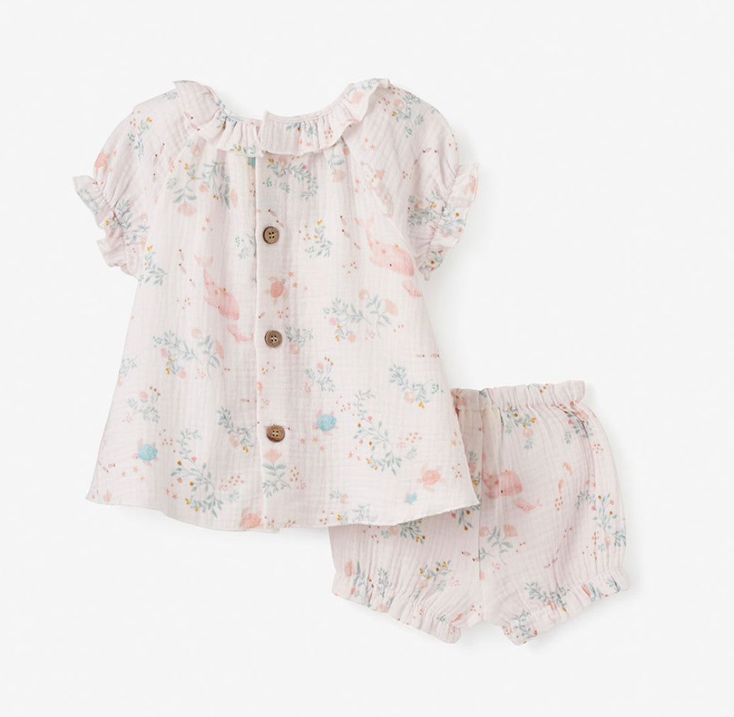 Sea Magic Organic Muslin Ruffle Collar Top + Bloomer Set