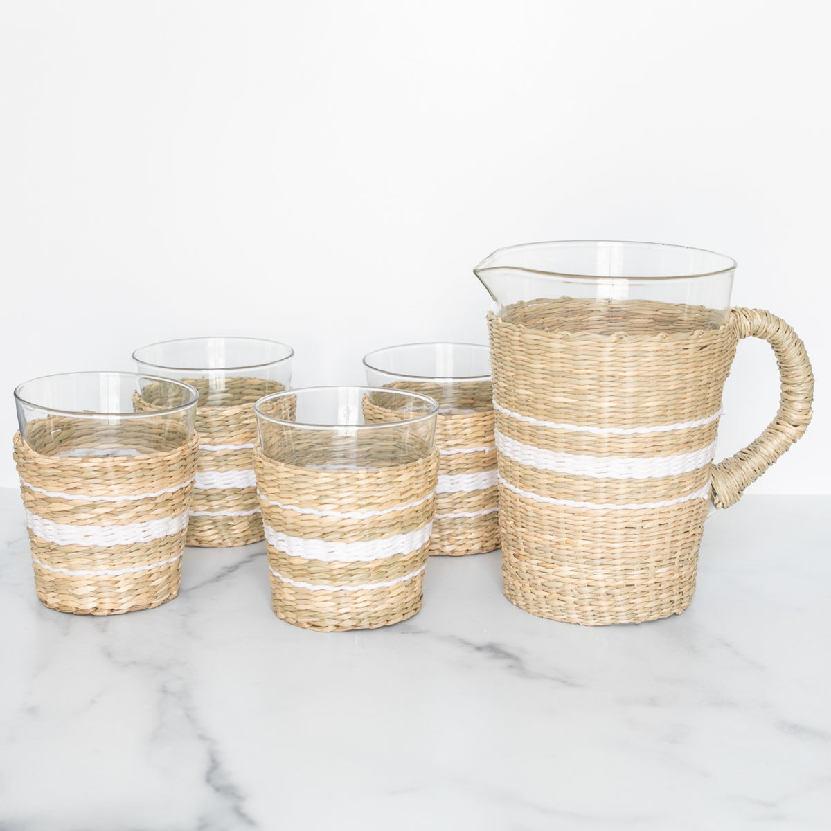 White Cane Seagrass Short Tumbler Glasses (Set of 4)