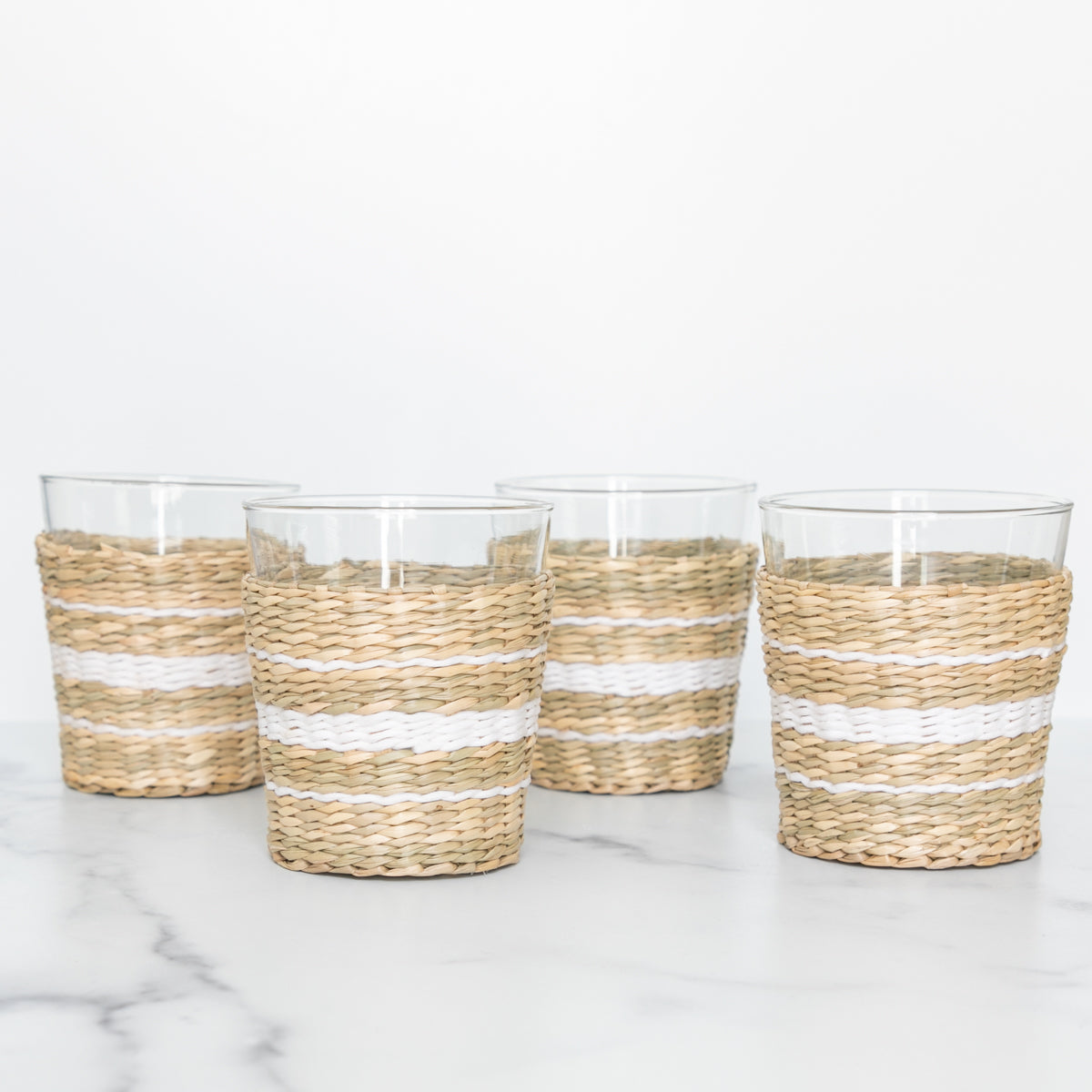White Cane Seagrass Short Tumbler Glasses (Set of 4)