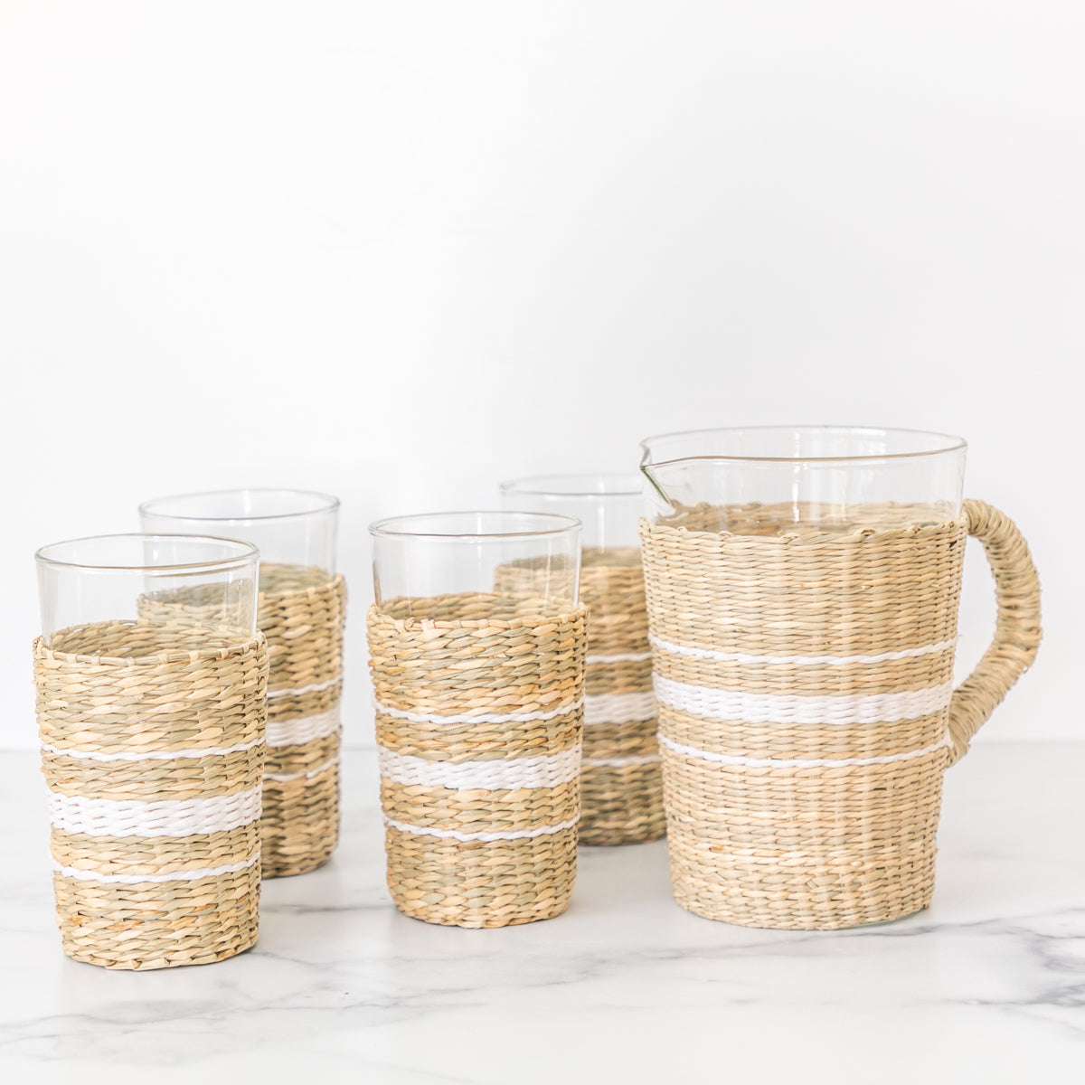 White Cane Seagrass Tall Glasses (Set of 4)