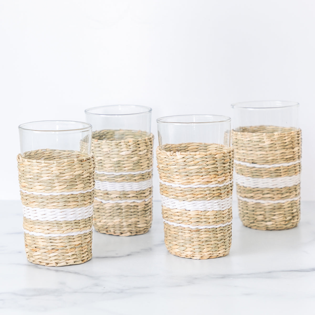 White Cane Seagrass Tall Glasses (Set of 4)