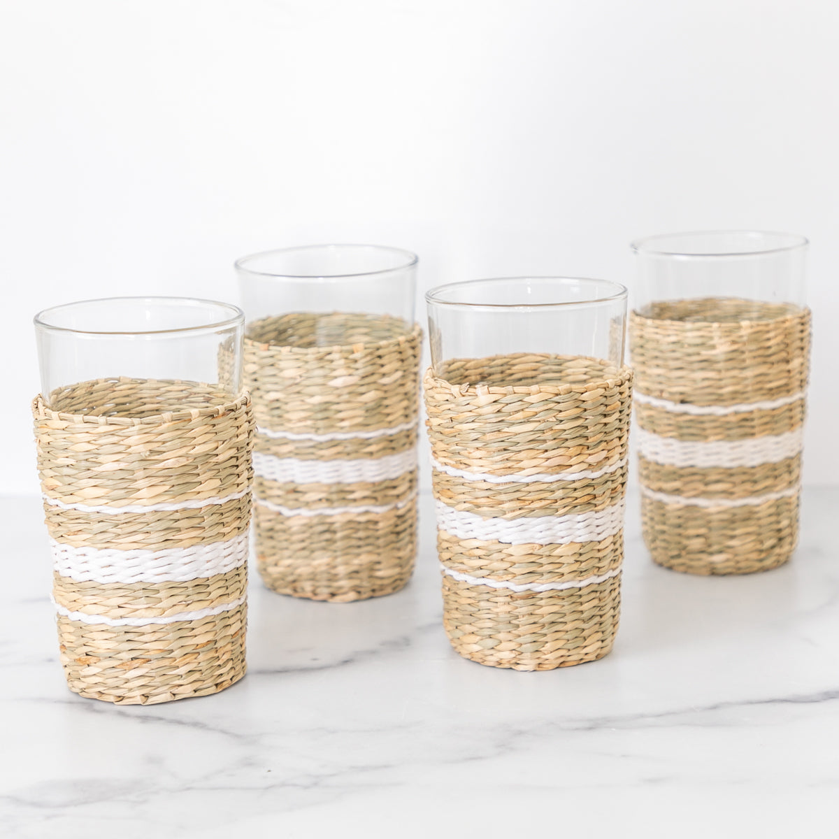 White Cane Seagrass Tall Glasses (Set of 4)