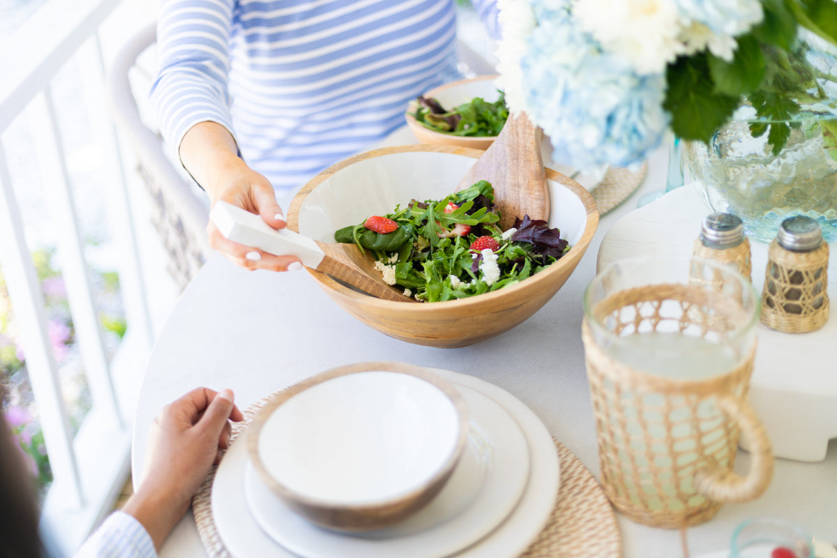 White Enamel &amp; Wood Bowl